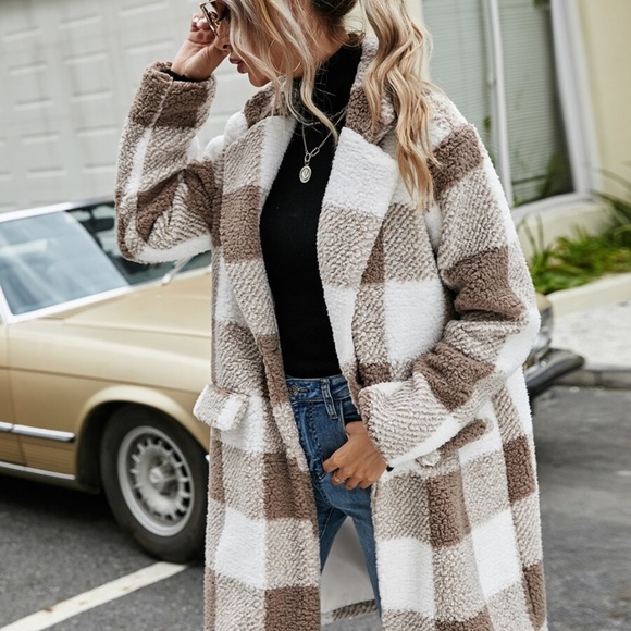 buffalo plaid teddy trench pea coat jacket khaki - Picture 8 of 11